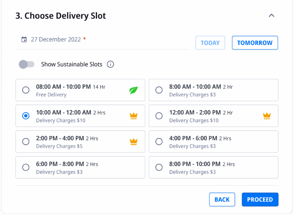 Screenshot of delivery time slot options