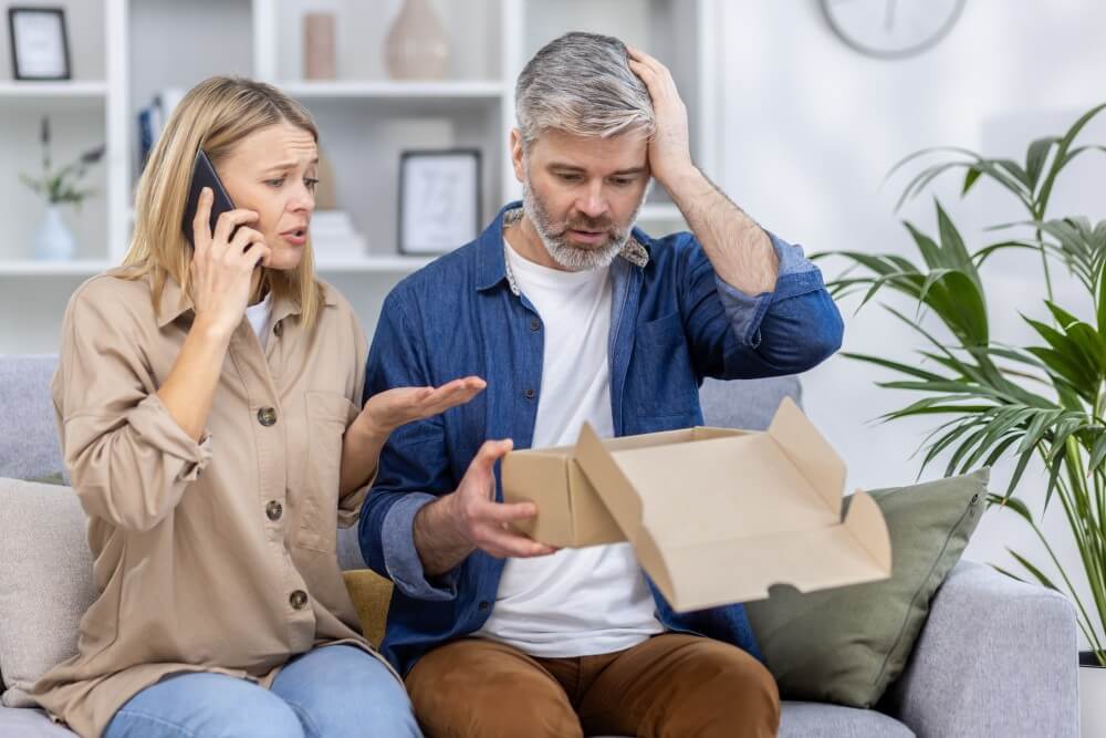 Frustrated couple discovering an empty delivery box while contacting support