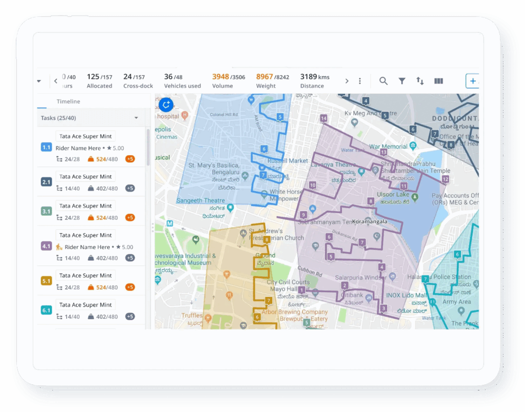Digital dashboard displaying a map with color-coded delivery zones, vehicle assignments, and route details for last-mile logistics planning.