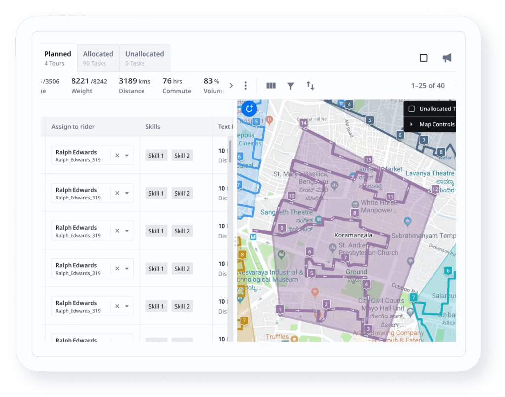 Software interface showing automated dispatch allocation across delivery vehicles