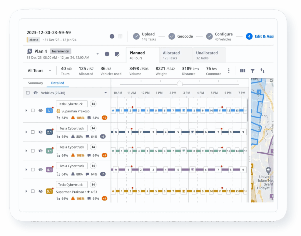 Locus’s automated truck dispatch software management system with vehicle scheduling, driver assignments, and route timeline visualization