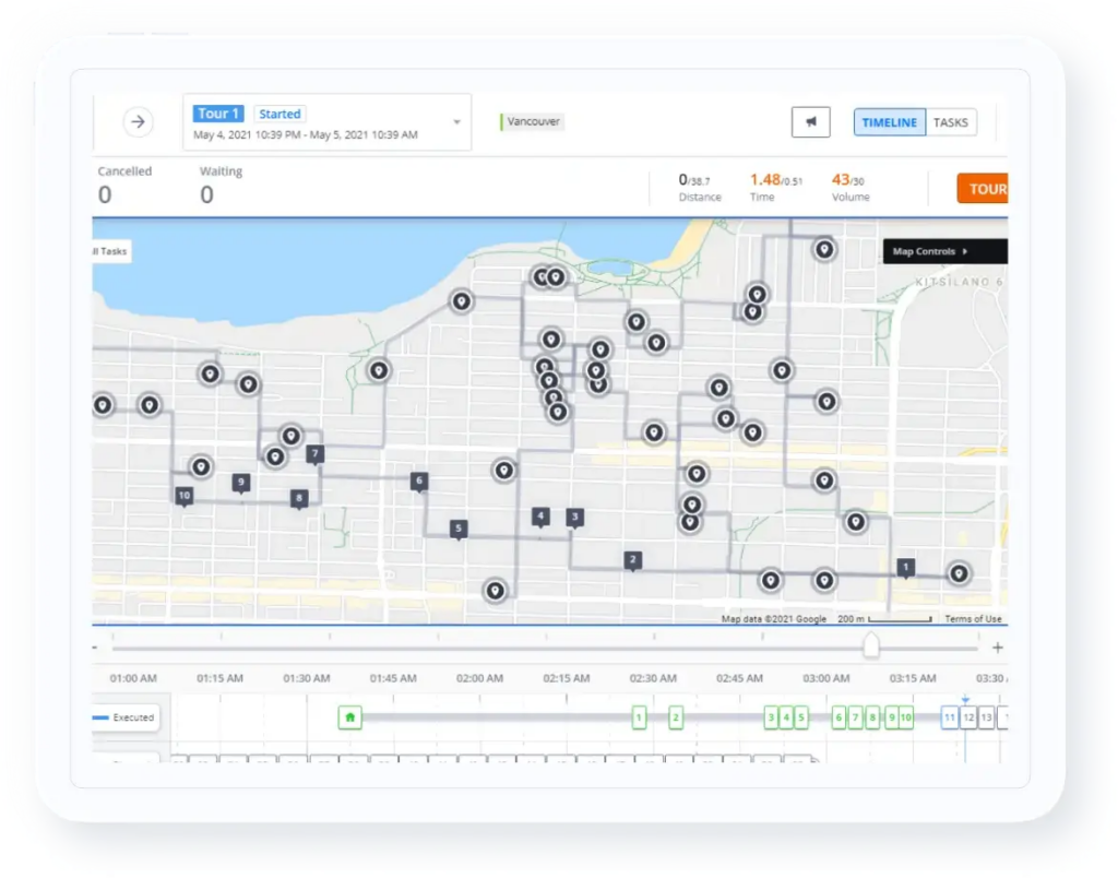 Map view of delivery routes with stops and execution timeline.