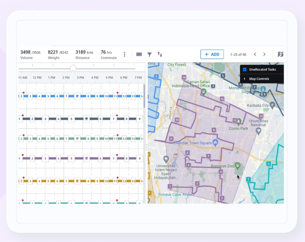 Route planning software dashboard showing delivery schedules and optimized map routes