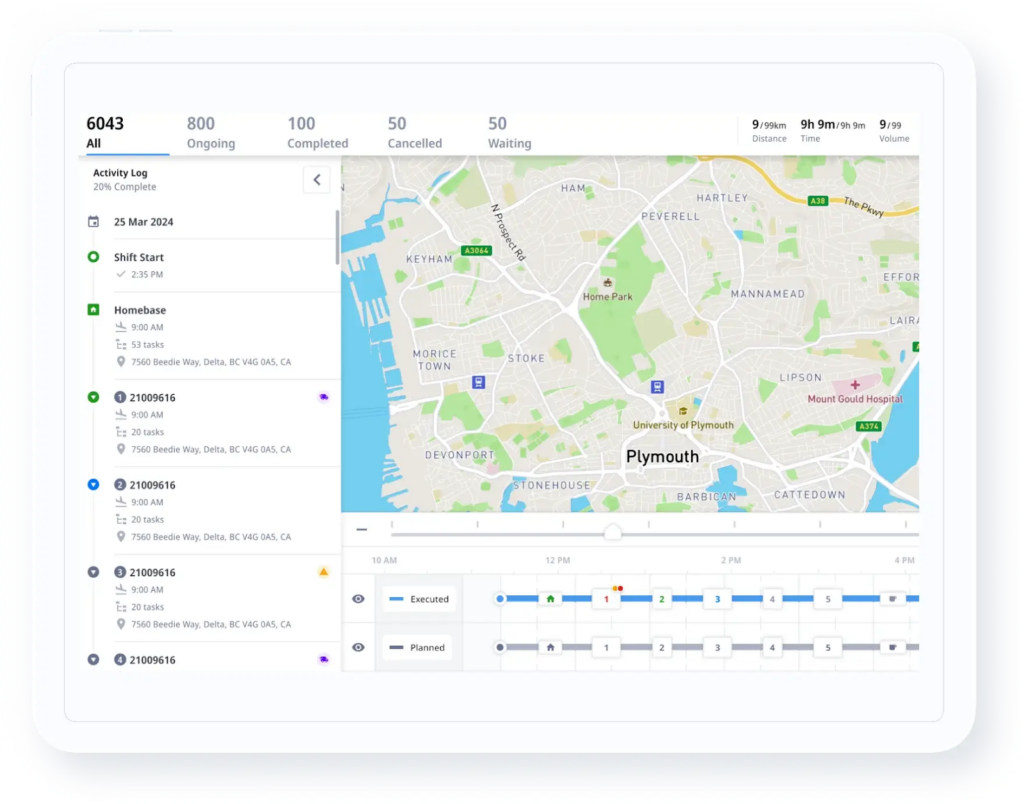 Dashboard showing real-time tracking & tracing of delivery resources and exceptions