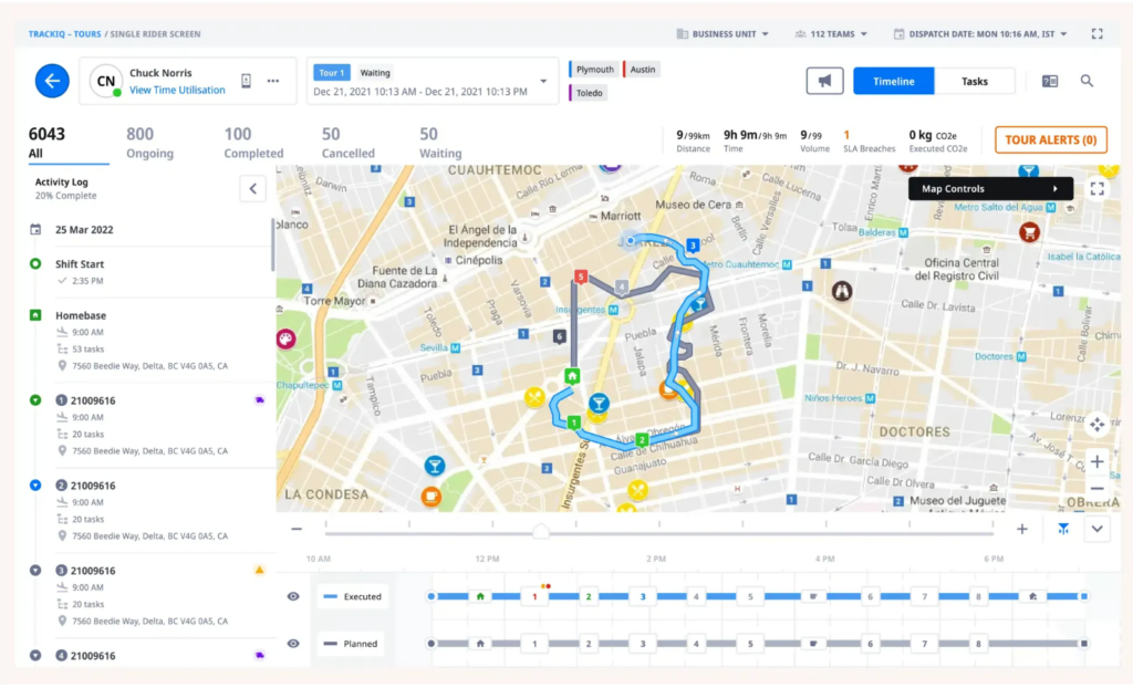 Dashboard view showing real-time on-ground visibility for dispatchers with delivery updates