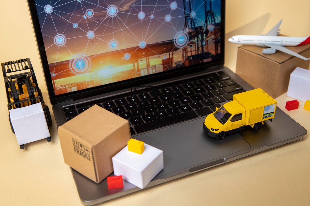 Vehicles, laptop, and logistics icons evoke the role of dispatch software in scheduling